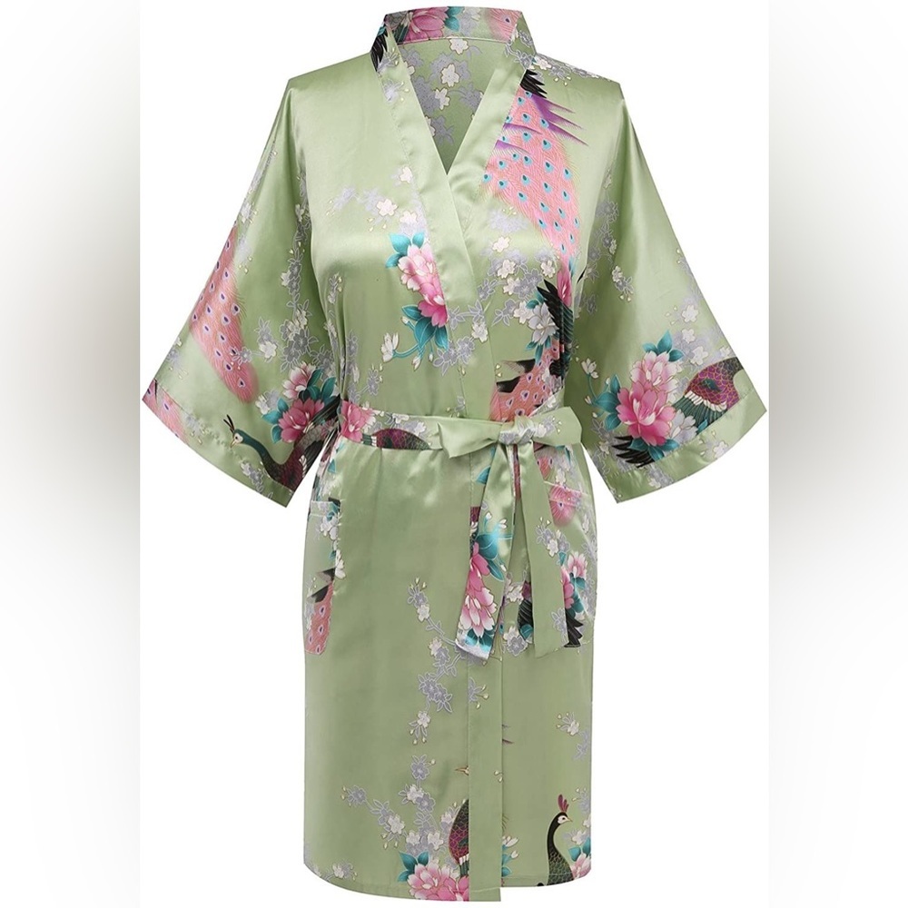 NWOT Sam Well Floral Satin Peacock Kimono Robe
